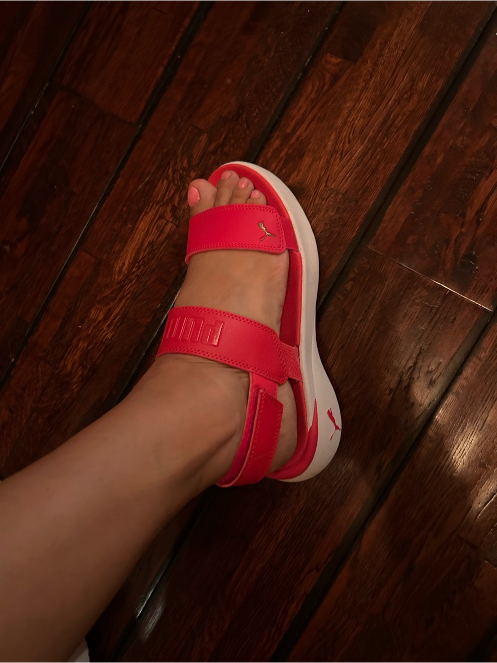 Puma Women's Coral Red Sport Slide Sandals with White Sole